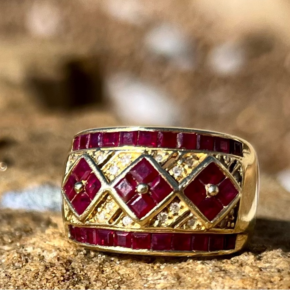 14k yellow gold Square-cut Ruby and Accent Diamond ring